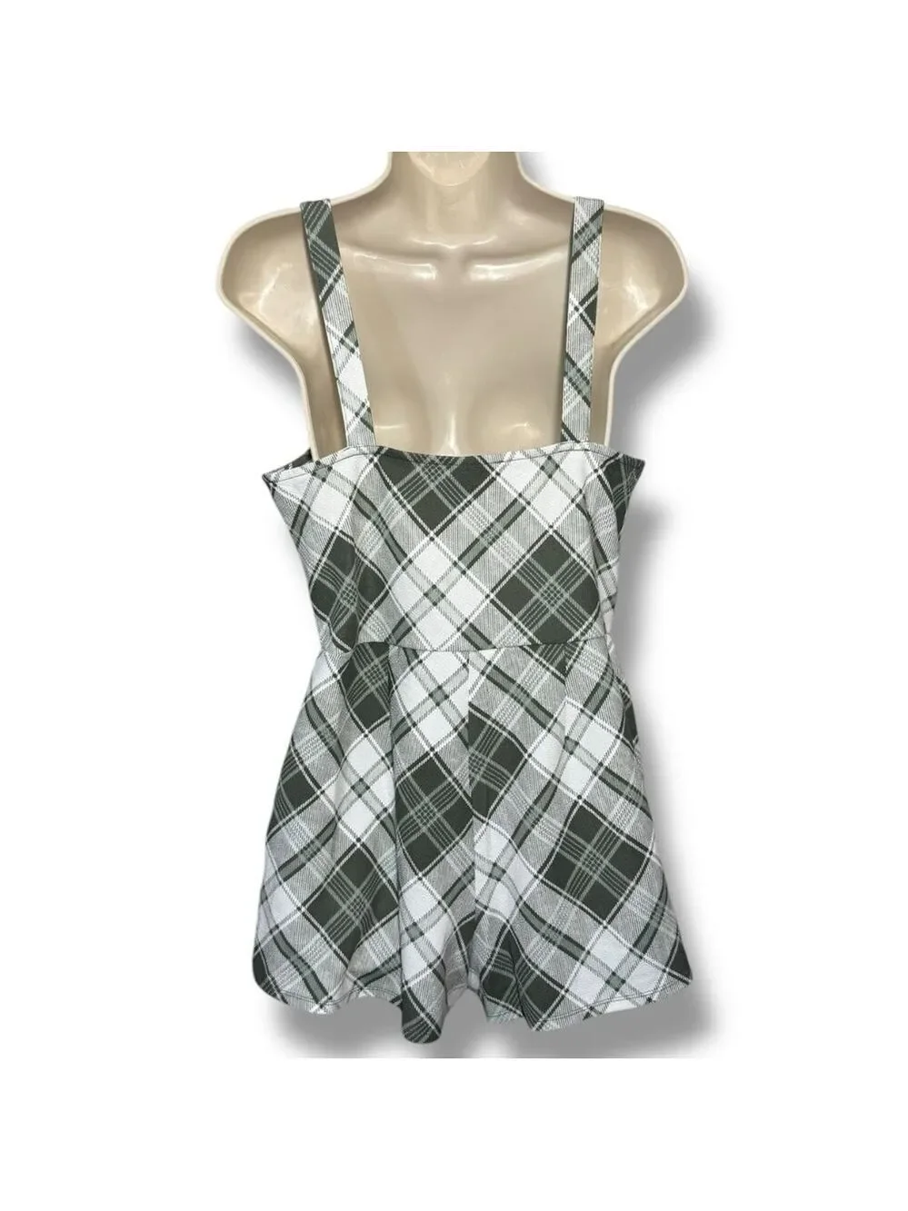 No Boundaries Junior’s Plaid Romper Green/White Size Large